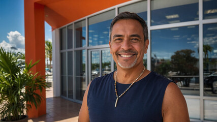 Latin travel expert and owner of travel agency smiling infront of the camera next to the agency. 