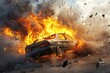 © napat - A vintage car exploding in fiery flames amidst an action-packed scene, showcasing the chaos of a dramatic explosion with smoke and debris.