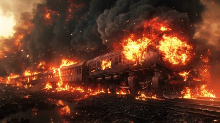 A dramatic scene of a vintage train engulfed in flames and thick smoke, highlighting the destructive power of fire and chaos in a transportation setting.