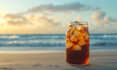 A glass jar filled with ice and a dark beverage sits on a sandy beach with the ocean and a vibrant sunset in the background.