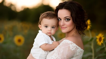  A woman cradles a baby against her chest in a sunflower field, enveloping him with her protective arms at his shoulders