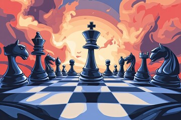 Black Chess Pieces on a Checkerboard Against a Fiery Sunset Background