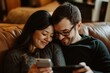 © ChaoticMind - A relaxed couple cuddles on a couch, each using their own device, enjoying tranquility and comfortable companionship, with soft lighting in a modern living area.