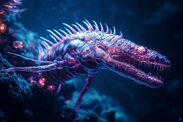 a spine-covered bioluminescent predator prowls through the ocean floor, its remarkable glow capturin
