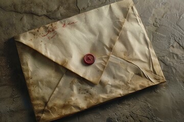 Old paper envelope with red wax seal is lying on a desk and waiting to be read