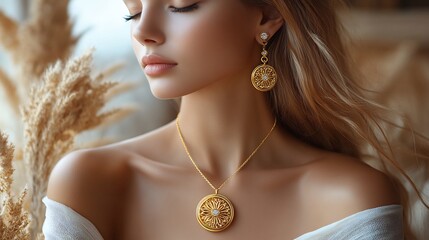 Wall Mural - elegant 3d gold locket intricate gemstone details paired with matching earrings and a sleek necklace
