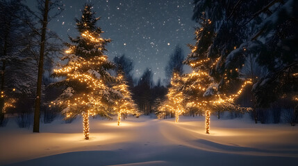 Wall Mural - A serene winter scene showing snow-covered trees adorned with lights under a starry sky, creating a magical holiday atmosphere.