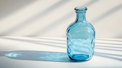 Poster - Elegant and refined transparent blue glass bottle or vase displayed in a minimalist studio setting,creating a serene and calming atmosphere with its simple form,soft shadows,and natural lighting.