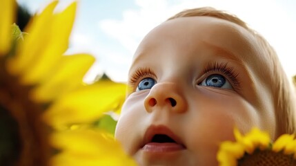  A child's face, closely framed Sunflower in foreground Blue sky behind