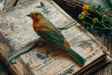 Colorful exotic bird is perched on an old handwritten journal with flowers next to it