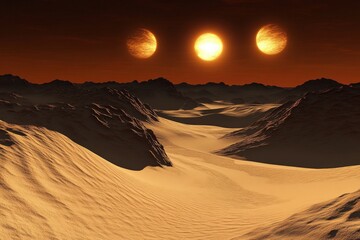 A surreal alien desert scene displaying three setting suns casting a warm, golden hue over the dunes and the dark, mysterious mountainous horizon.