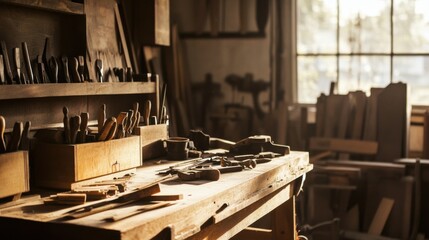 A serene woodworking workshop with tools and lumber, Workbench meticulously organized, Rustic artisan style