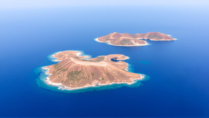 High up view of the Aeolian Islands, a group of islands in the Mediterranean Sea near Sicily, Italy.