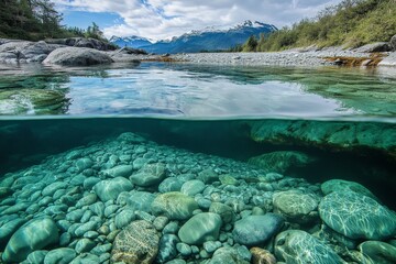 A breathtaking scene of a reflective lake with clear stones and towering snow-dusted mountains, presenting an awe-inspiring view of untouched wilderness.