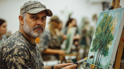 War veteran draws during psychological therapy courses.A middle-aged man in camouflage and a cap is painting on an easel, with other artists working behind him at the art class. 