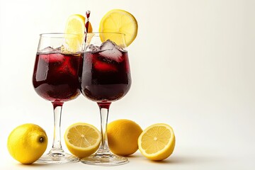 Two Glasses of Red Wine with Lemon Slices and Ice