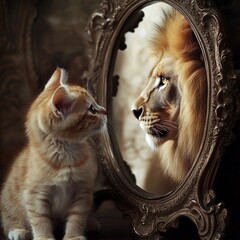 Small kitten sits by a table mirror, surprised to see a regal lion looking back