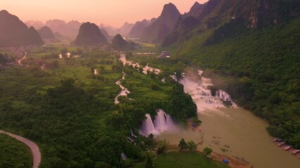 Wall Mural - Aerial view of Ban Gioc Detian waterfall in Vietnam China border. The most beautiful and largest waterfall in Southeast Asia.