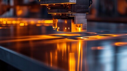 Poster - A close-up view of a laser cutting machine processing a metal sheet, showcasing the intense laser light and reflective surface.