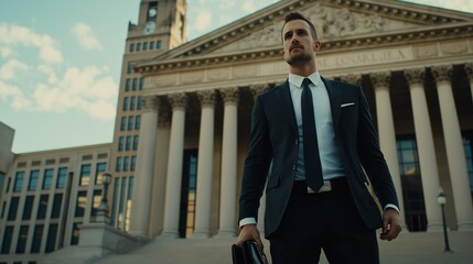 Confident & Determined: A successful businessman stands confidently in front of a grand architectural masterpiece, his sharp attire and determined gaze reflecting ambition and success.