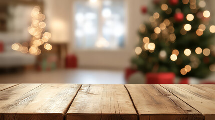 Wall Mural - wooden table top with blurred christmas room background, featuring decorated tree and warm lights, c