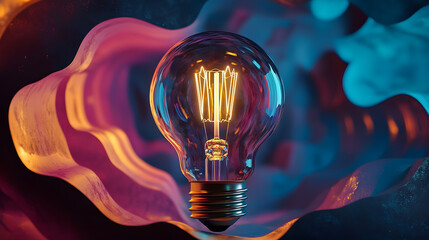 A glowing light bulb is set against a colorful, layered background, capturing creativity and innovation in a visually striking way.