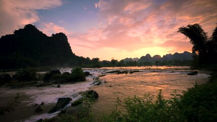 Wall Mural - Aerial view of Phong Nam valley, Cao bang province, Vietnam with river, nature, rice fields, beautiful destination in Northern Vietnam