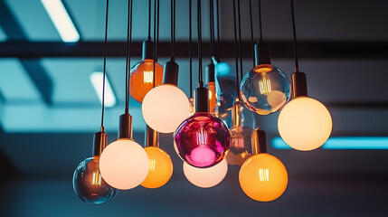 Wall Mural - A modern light fixture featuring colorful bulbs suspended from a geometric layout, creating a vibrant and stylish atmosphere.