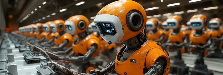 Aufkleber - Rows of identical orange mechanical robots working in an advanced automated factory or production line.