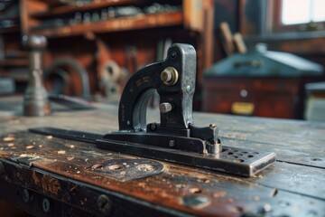 Antique metal tool sitting on workbench in workshop with blurred background