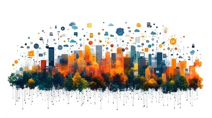 Aufkleber - Vibrant and Futuristic Cityscape with Colorful High-Rise Buildings,Modern Architecture,and Dynamic Urban Landscape