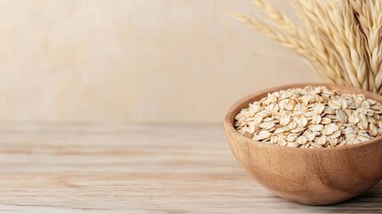 Oats in wooden bowl with wheat stalks, natural rustic background.