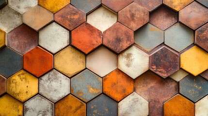 A close-up of a hexagonal tile wall with a variety of colors and textures.