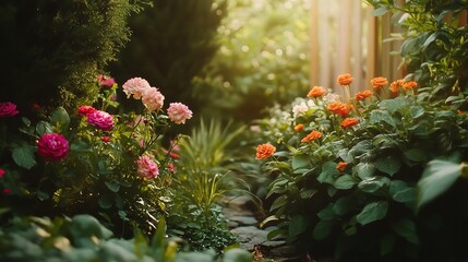 Poster - Lush Garden Pathway with Colorful Flowers and Sunlight