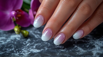 Wall Mural - Spa hands over floral background, elegant manicure and orchid flowers