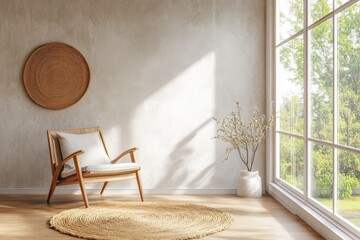 Aufkleber - A cozy room with a wooden chair, large window, and woven carpet, showcasing minimalist design and natural lighting for a serene atmosphere.