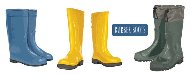 Rubber garden boots for rainy weather in yellow, blue and green. Set waterproof shoes for rain and street. Vector isolated illustration.