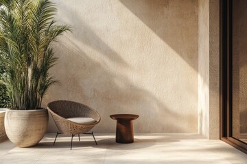 Wall Mural - A simple yet elegant patio setting featuring a woven chair, a small wooden side table, and a large potted plant, exuding a sense of calm and stylish minimalism.