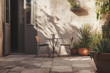 A sunny courtyard features a simple table and two chairs surrounded by lush plants, creating a peaceful and intimate outdoor setting with natural shadows.