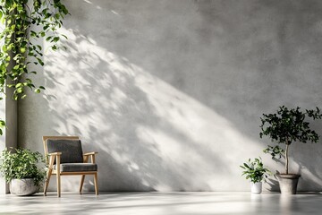 Wall Mural - A modern living room setup with a minimalist chair and vibrant green plants casting artistic shadows, creating a serene and calming ambiance.