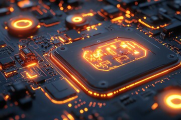 A close-up of a computer chip with glowing orange lights, highlighting the complexity of modern technology.