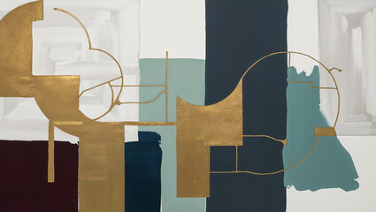 Poster - Abstract Geometric Composition in Gold, Teal, and Gray