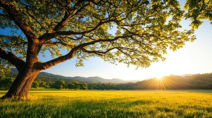 Poster - Vibrant landscape with a large tree under the sun in a serene natural setting.