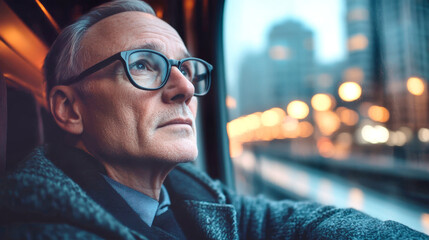 An elderly businessman gazes out at the evening city lights from a train during a professional trip, reflecting on his journey in a bustling urban landscape