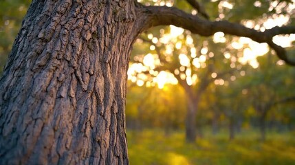 Poster - Close-up of a tree trunk with a blurred background of sunlight and trees.