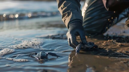 Scientist Tagging Sea Turtle in Coastal Environment