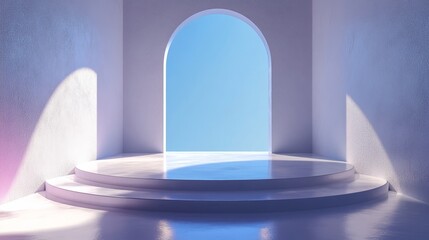 Wall Mural - A white room with a blue archway and a blue sky