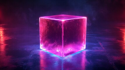 Wall Mural - A cube made of ice is lit up in a dark room