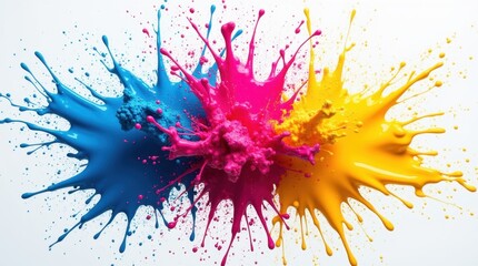 A vibrant splash of paint featuring electric blue, neon pink, and bright yellow colliding in mid-air. The colors explode outward in dynamic arcs.