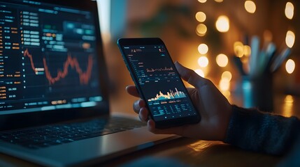 Closeup of hands using digital devices with financial data visualization in a modern office setting